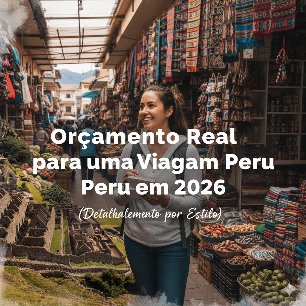 Mulher sorrindo enquanto olha tecidos coloridos em uma barraca do mercado de San Pedro em Cusco, planejando seu orçamento de viagem ao Peru para 2026.
