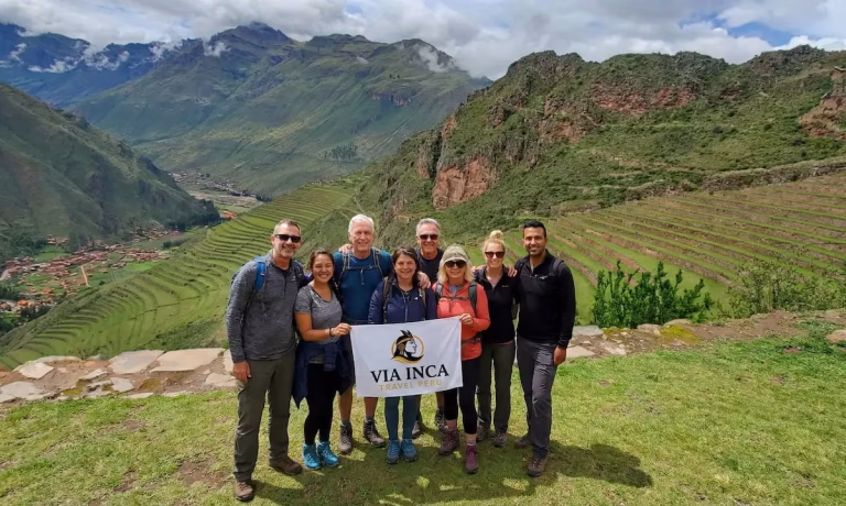 View of Pisac Inca site with tourist