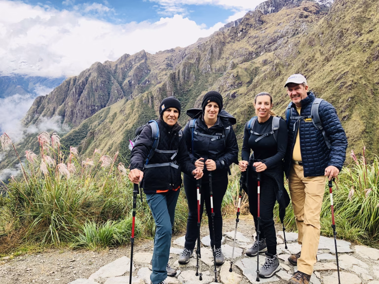 Travelers enjoying the scenic 1-day hike on the Short Inca Trail to Machu Picchu.